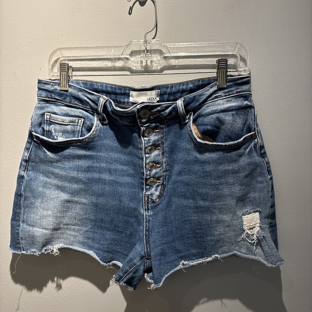 Vervet Denim Jean Shorts Frayed Hem Button Fly High Rise Women's SZ L Festival
